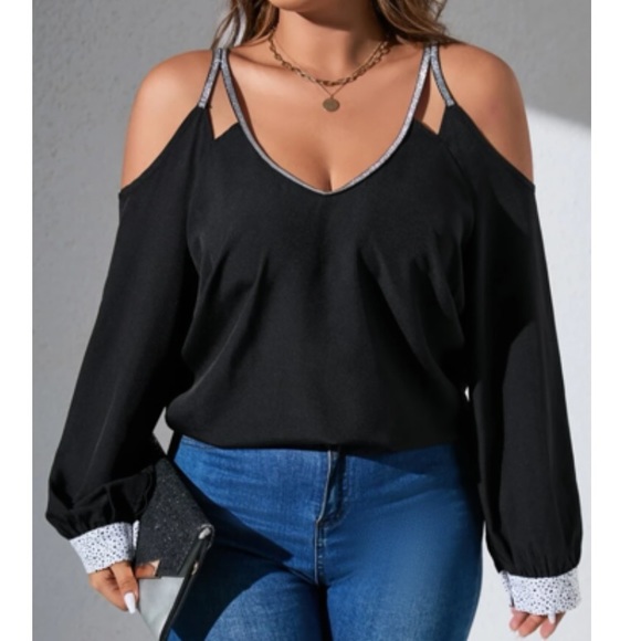 Plus size black contrast trim cold shoulder blouse - Picture 1 of 12